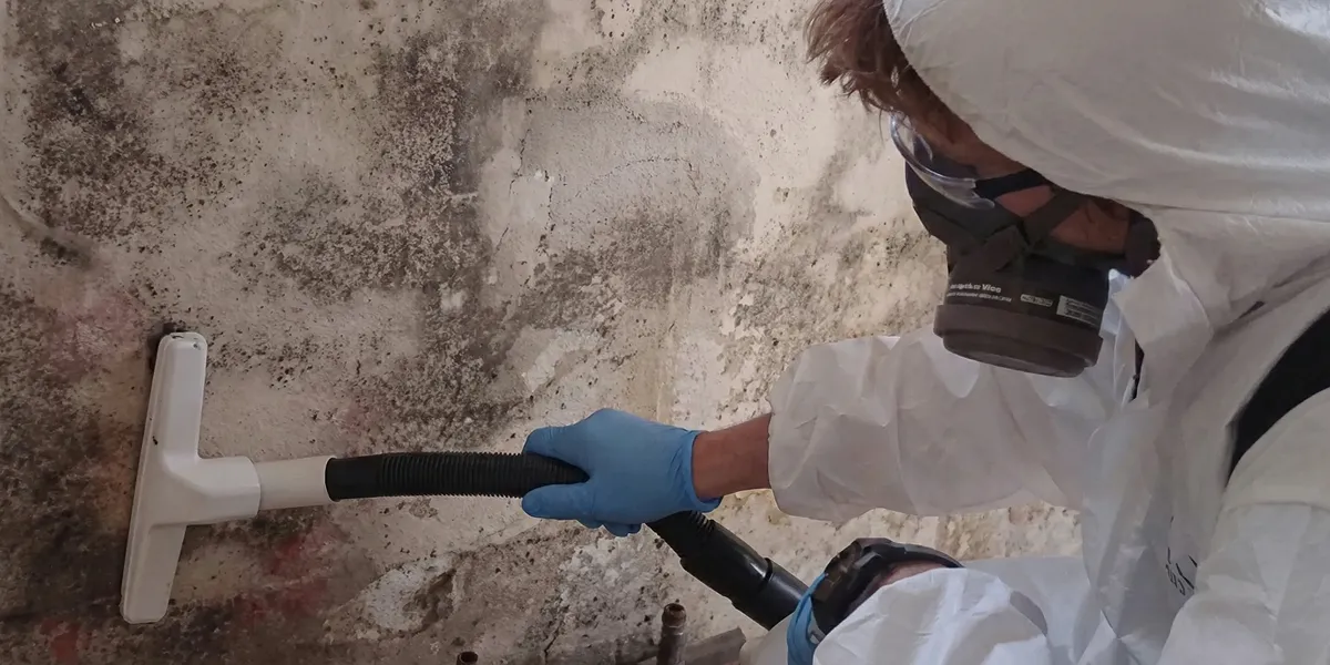 professional mold removal technician wearing protective equipment removing mold from a wall in Cincinnati, OH
